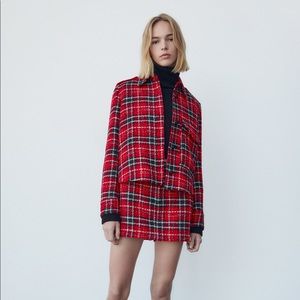 ZARA TEXTURED RED PLAID OVER JACKET SIZE SMALL